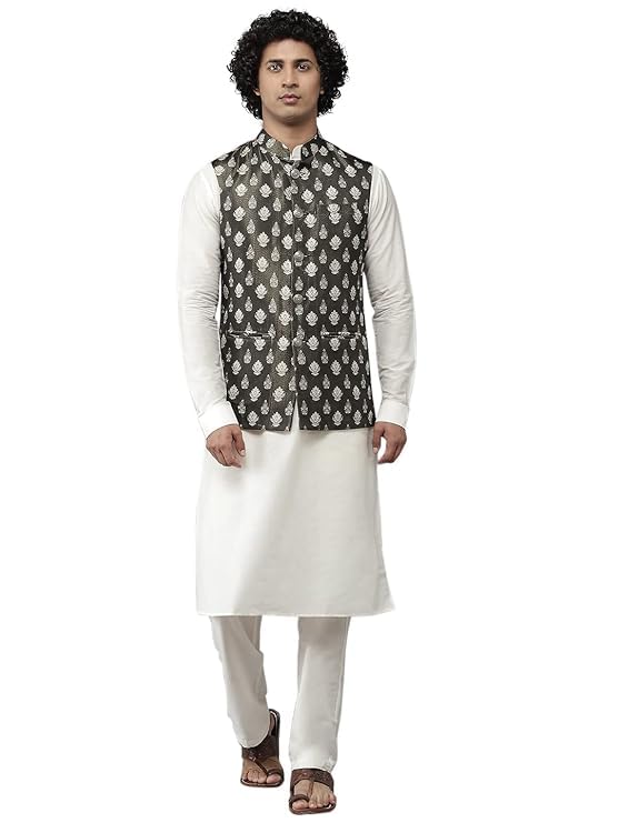 see designs Men Black & White Solid Kurta Pyjamas With Nehru jacket-picture-57