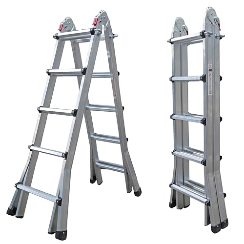 UZIRO Escalera Telescópica Plegable Articulada de Aluminio 4x4, Escaleras Multiposición Extensibles 3,99 M, 4 Peldaños, Soporta hasta 150 KG, Plegable y Compacta.