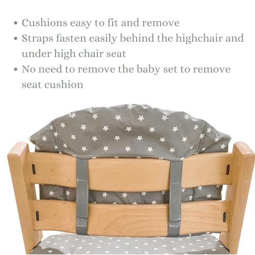 Image of Highchair Cushion for Stokke Tripp Trapp High Chair. Easy to fit, Fully Wipe Clean highchair pad. Suitable for use with Harness (Grey with White Stars)