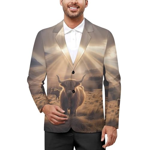 Highland Cow Mens Casual Blazer Button Suit Jacket Lightweight Sport Coat for Work Business
