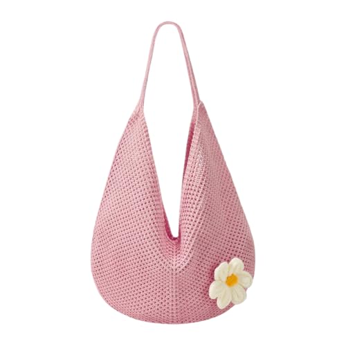 Image of PALAY Tote Bag for Woman Crochet Mesh Beach Shoulder Bags with Flower Brooch Summer Vacation Knitted Bag for Women Shoulder