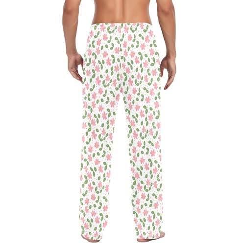 Mens Cotton Pajama Pants Sleep Lounge Pj Bottoms Sleepwear with Pockets Drawstring S Pink Green Leaf Flowers3