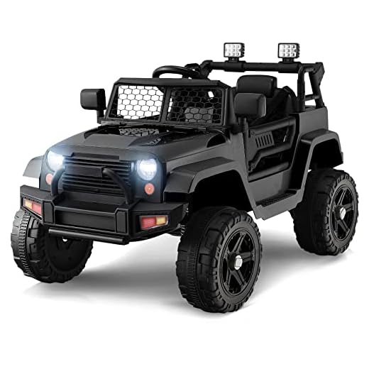 OLAKIDS Kids Ride On Truck, 12V Electric Vehicle Jeep Car with Remote Control, Toddlers Battery Powered Toy with 2 Speeds, Spring Suspension, Double Open Doors, LED Lights, Music, USB, Mp3 (Black)