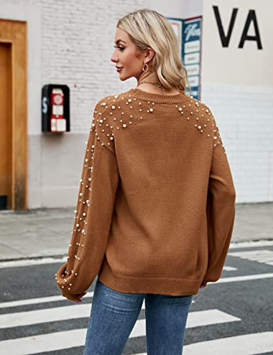 Image of Blooming Jelly Women's Chunky Sweater Crewneck Sweatshirt Knit Lantern Sleeve Oversized Pullover Sweater with Pearls