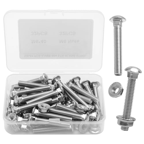 64 tornillos M6 x 40 mm de acero inoxidable – Tornillos de cabeza redonda plana con cuello cuadrado y tuercas hexagonales – Juego de tuercas de alta calidad para conexiones de madera y metal