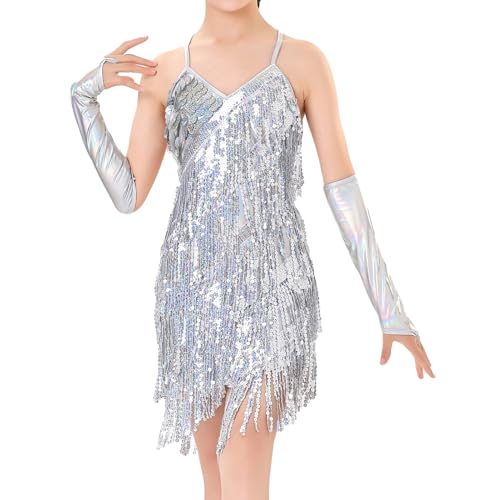 IDOPIP Robe 1920s flapper paillettes frange enfant - argent 9-10 ans