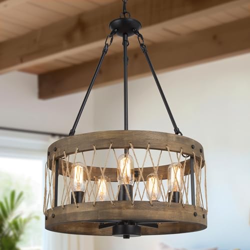 LALUZ Farmhouse Chandelier, 5-Light Rustic Drum Wood Dining Room Chandelier Light Fixture, Round Wooden Pendant Chandeliers Lights Fixtures for Dining Room, Living Room, Bedroom, Entryway