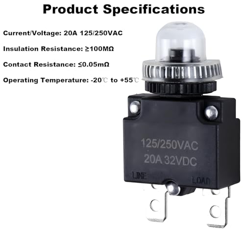 JIQI 6pcs 20A Circuit Breakers,125/250VAC Push-Button Manual Reset Overload Protection switches with 6pcs Waterproof Button caps,Suitable for Household Appliances,Medical Electrical System