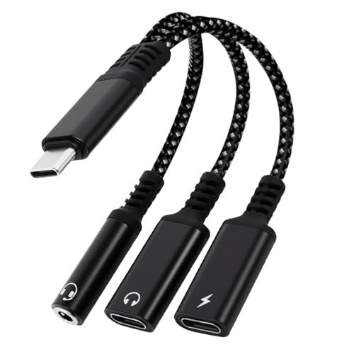 caojunzhen 1 in 3 USB C to Type-C Charging and Type-C Headphones Plus 3.5mm Headphones PD 60W Charging Adapter, Compatible with GalaxyS22, iPad Pro, Pixel, iPhone 16 15, etc.（Black）