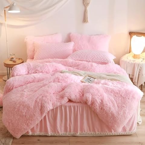 HAIHUA Fluffy Pink Comforter Cover Queen Set，Faux Fur Pink Bedding Sets Queen 3 Pieces(1 Plush Duvet Cover +2 Shaggy Pillowcases) Fuzzy Pink Bed Set, (Pink, Queen) Cover