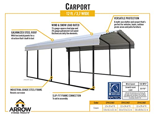 Arrow 12' X 20' X 7' 29-Gauge Carport With Galvanized Steel Roof Panels #TOP6