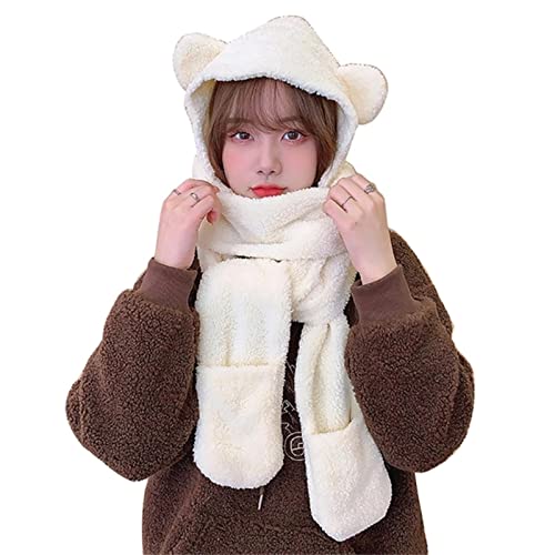 Chapeau écharpe gants 3 en 1 blanc en peluche pour femme style ours