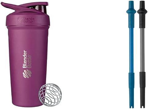 BlenderBottle Strada Shaker Cup Insulated Stainless Steel Water Bottle with Wire Whisk 24-Ounce and Stay-In-Bottle Reusable Silicone Straws Shaker Bottles 2 Pack