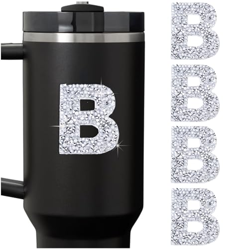 LUHOHI 4PCS Bling Rhinestone Initial Letter Stickers, Large Glitter Alphabet Personalized Monogram Name Sparkly Decals for Stanley Cup Bottles Graduation Cap Luggage Self Adhesive Waterproof -B