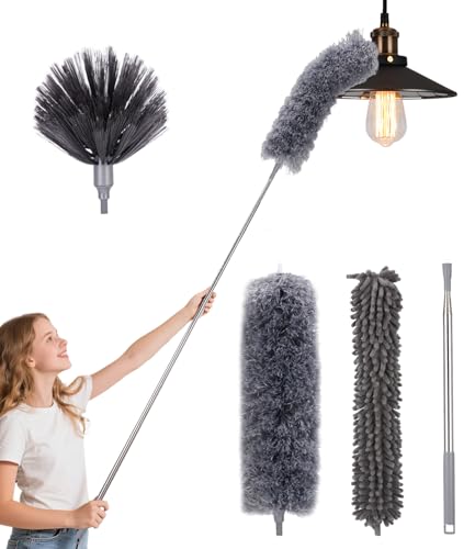 Bixury 4 plumeros para polvo, de microfibra, lavable, telescópico, para limpieza de 280 cm, para aspiradora, ventiladores, techos, telarañas y techos (gris)