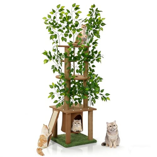Ultrahoher 5-stufiger Katzenbaum (195 cm) – naturholz Kratzbaum mit künstlichen Grünpflanzen, vielseitig für natürliche Kletterfreude