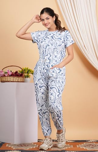 Image of Women Printed T-Shirt and Track Pant Set | Cotton Co-Ord Night Suit for Women | Lounge Wear, Sleepwear, Gym Wear | Half Sleeve Top & Elastic Waist Joggers | Stylish