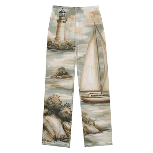 ZZXXB Retro Sailboat and Lighthouse Boys Long Pants Soft Trousers Elastic Waist Kids Lounge Bottoms with Pockets S-XL
