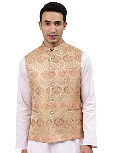 Image of MANQ Men Fawn Woven Jaquard Silk Nehru Jacket