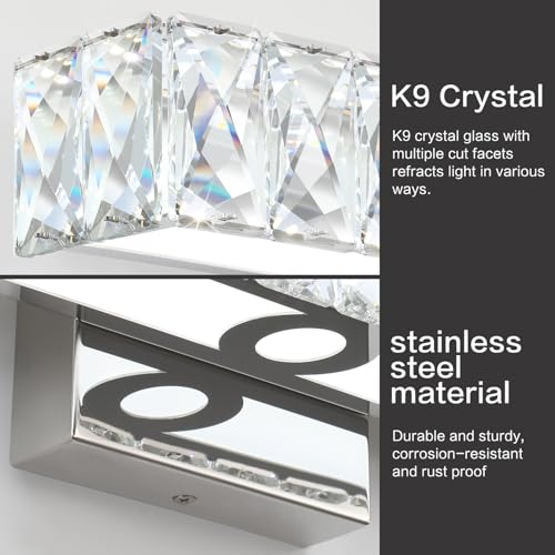 Image of SOLFART Crystal Bathroom Vanity Lights Over Mirror, Chrome Bathroom Light Fixture, 16.5 Inch LED Lights for Bathrooms Vanity Lights for Bath Chrome