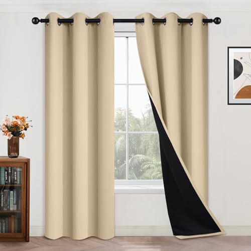 Image of Yakamok Black 100% Blackout Curtains 84 Inches Long for Bedroom 42 inch Wide | Blackout Curtain Panels for Bedroom, 2 Thick Layers Grommet Top Thermal Insulated Drapes with Black Liner for Living Room