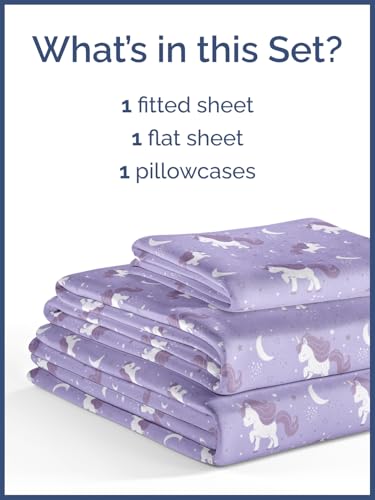 Image of Kids Twin Unicorn Purple Bed Sheets - 3 Piece Kids Unicorn Purple Sheet Set | Unicorn Purple Themed Bedding, Ultra-Soft, Cute & Cozy, Breathable & Machine Washable, Bed Set for Boys, Girls & Teens, Comfy