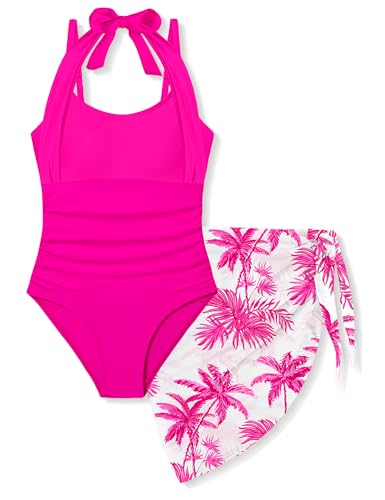 Image of Girls Swimsuit Set - Halter Neck One Piece Bathing Suit with Tropical Cover Up Skirt Swimwear for Kids 7-18Y