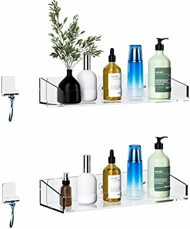 Sinminou Acrylic Shower Caddy Shelf 2- Pack of Traceless Adhesive Wall Mounted, No Drilling and Anti-rust, Clear Storage Rack for Shampoo Holder, Floating Acrylic Bathroom Shelves with Hooks for Razor