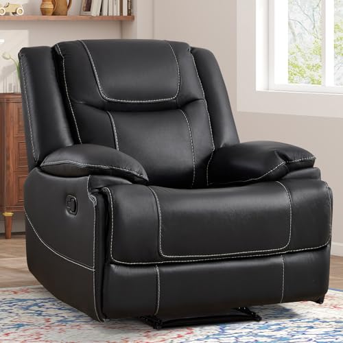 ANJ Premium Genuine Leather Manual Recliner Chair for Adults, Overstuffed Recliners with Padded Backrest, Single Heavy Duty Reclining Sofa for Living Room Bedroom, Black