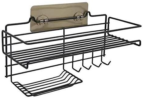 Zomoza Self-Adhesive Shower Shelf Soap with Hooks - Rustproof Bathroom Shower Caddy Storage Organizer - Stainless Steel Shower Rack Basket for Shampoo Soap Razor (Black)