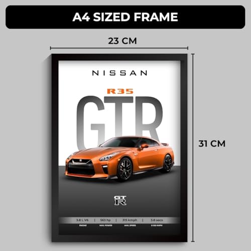 Image of Nissan GTR Poster | Framed A4 Sized (31 x 23 cm) | Car Posters for Wall, Gift for Boys | Nissan GTR Supercar Frames | Poster Sportscar Frame | Car Posters for Wall, Bedroom, Hostel, Study Room, Desk (F 018)