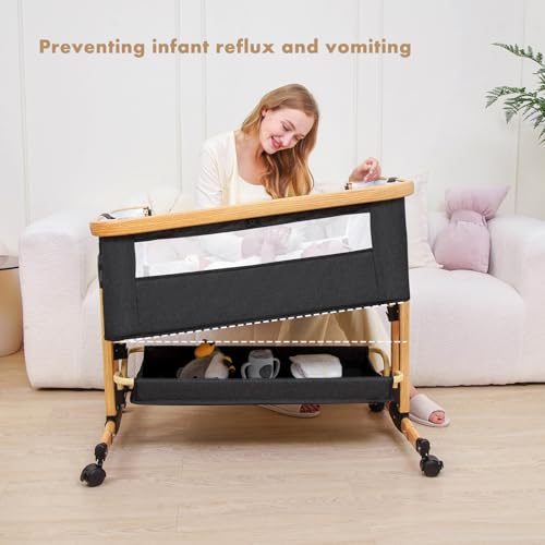 RICUTON Baby Bassinet, 3 in 1 Bedside Crib for Newborn, 6 Height Adjustable & Easy Folding & with Mosquito Net & Storage Basket & Wheels