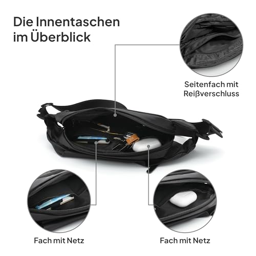 Große Bauchtasche Damen und Herren - Brusttasche XXL schwarz mit vielen Fächern und Innentasche, Hüfttasche, Gürteltasche groß, Umhängetasche und Bumbag für Freizeit, Sport, Laufen, Fitness