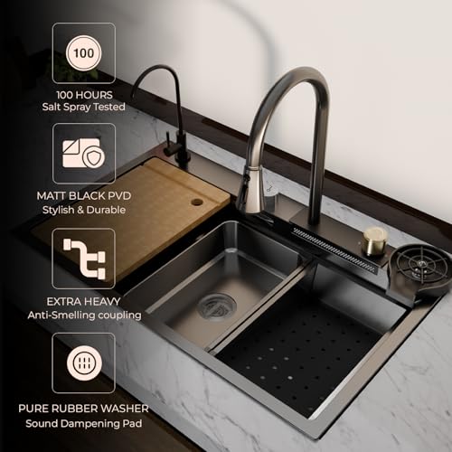 Image of Kitchen Sink | 30x18x9 Inch Waterfall Sink for Kitchen | 304 Grade Stainless Steel Basin with Honeycomb Black Finish Design Waterfall Integrated Pull Down Faucet