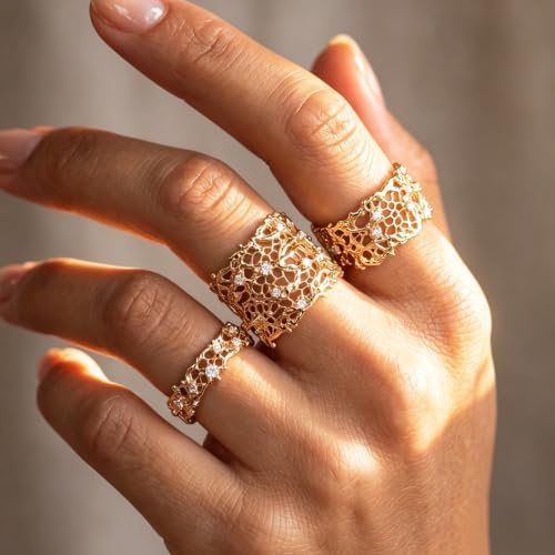 Gold Adjustable Statement Rings for Women Luxury Openwork Lace CZ Design - 3