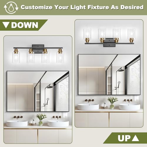 Image of Unicozin Modern Bathroom Light Fixtures, 4 Light Vanity Lights Over Mirror, Black and Gold Wall Lamp with Clear Glass for Living Room Cabinet Bedroom Porch