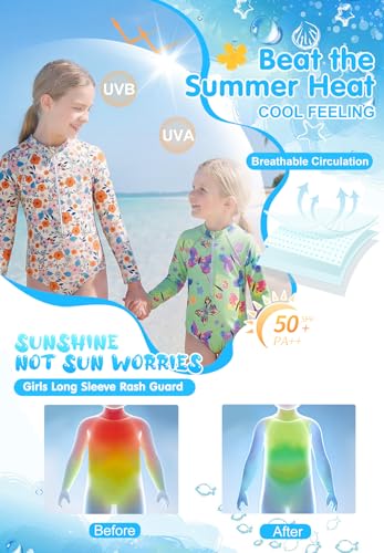 Image of Zando UPF50+ Girls Long Sleeve One Piece Swimsuit with Zipper - Rash Guard for Teens Toddler Kids 2-15 Years