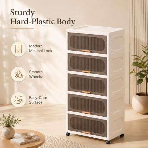 Image of KRISHYAM 5-Layer Plastic Storage Cabinet with Lift-Up Doors & Wheels, Smoky Translucent Multipurpose Organizer for Clothes, Bedroom, Kids Room & Home, 134 x 59 x 31 cm