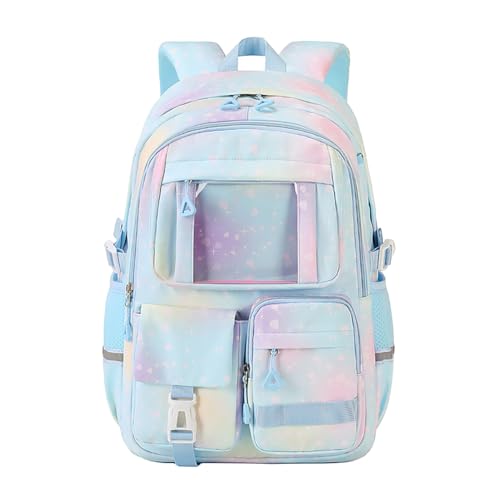 Image of MATMO Multi-Pocket Girls Boys School Backpack Kids Student Bookbag Travel Daypack (Light Blue)