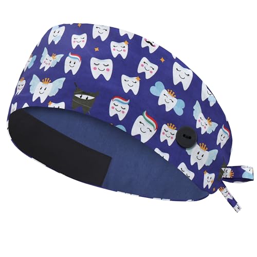 Image of Adjustable Scrub Cap with Button, Satin-Lined Cotton Scrub Hat Sweatband, Elastic Working Hat Unisex, One Size