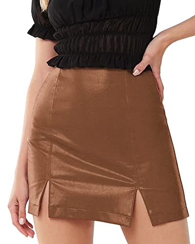Image of MANGOPOP Women's Basic High Waist Faux Leather Bodycon Mini Pencil Skirt (A04 Brown, X-Large)