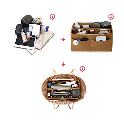 Ettp Purse Organizer Insert, Felt Tote Organizer Insert With Metal Zipper, Handbag Organizer For Speedy, Neverfull, Tote, Handbag, 7 Colors 5 Sizes (Medium, Coffee) #TOP4