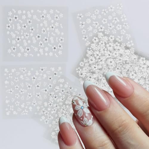 Image of Nail Stickers 30 Sheets White Flower with Rhinestones 3D Self Adhesive Floral Nail Decals for Women DIY Manicure Nail Art Decorations Long Lasting Easy Apply for Fingernails Toenails