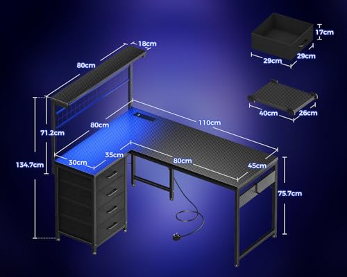 Coleshome L Shaped Gaming Desk with Drawers & Shelf, 110 × 80 cm Reversible Corner Computer Desk with LED Lights & Power Outlets, Gaming Table with Hook, Carbon Fiber Black - Image 4