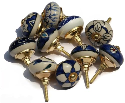 owlKraft Handmade Indian Ethnic Blue Ceramic Stone Cabinet Knobs,Vintage Decorative Drawer Pulls for Trendy Cabinets,Modern Dressers & Cupboards, Knobs for Kitchen & Furniture-Set of 10