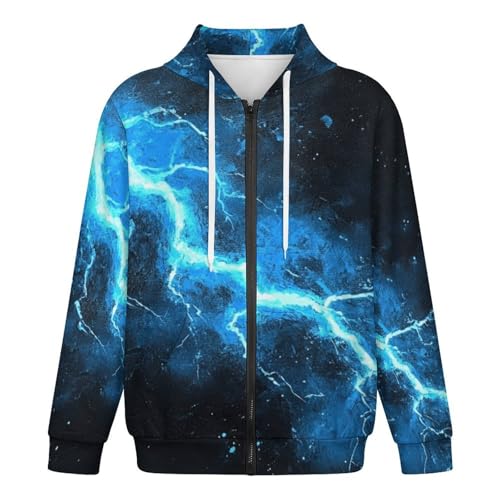 Blue Glowing Lightning-bolt Men's Hoodies with Zipper Lightweight Long Sleeve Casual Sweatshirts4