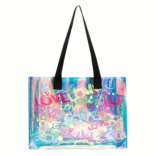 Transparent Rainbow-colored Tote Bag, Printed with LOVE Letters, PVC Material, Fashionable and Simple, 15.75inx3.74inx11.81in