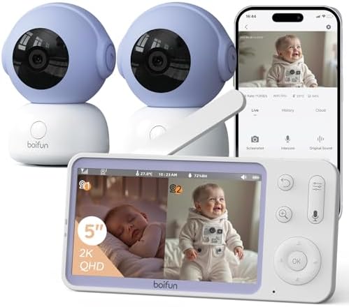 BOIFUN 2K Vigilabebes con 2 Camaras con App Movil, 5" Pantalla Di...