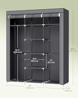 SONGMICS Canvas Wardrobe Bedroom Furniture Cupboard Clothes Storage Organiser Gray 175 x 150 x 45 cm RYG12G, Gery