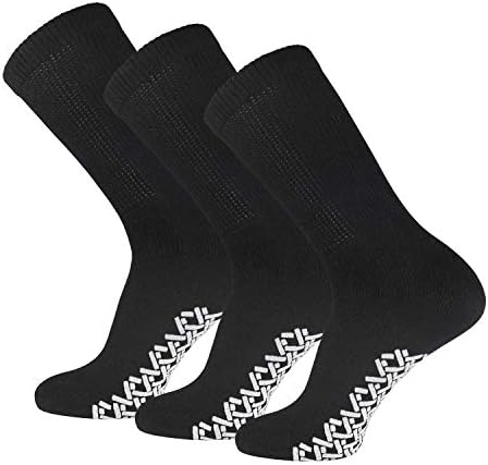 3 Pairs of Non-Skid Diabetic Crew Socks, Non Binding Top Therapeutic Cotton Gripper Socks (Black, Size: 10-13)